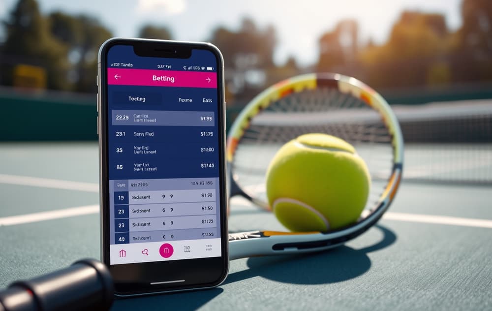 Tennisbane med ketsjer og ball, og en mobiltelefon med odds og statistikk i forgrunnen